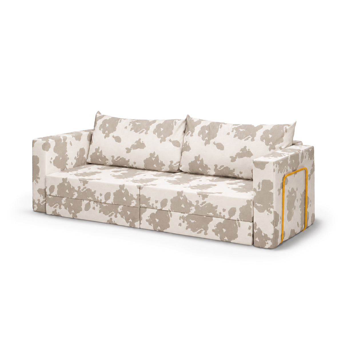 Flow Cow sofa bed in Stone Hide (MOO 27) with a yellow metal frame