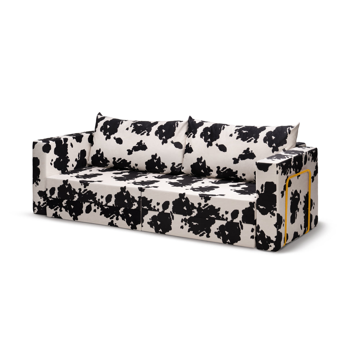 Flow Cow sofa bed in Onyx Hide (MOO 19) with a yellow metal frame