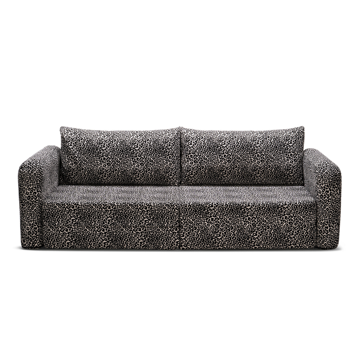 Flowy Leopard Schlafsofa mit grauem Leopardenmuster und himmelblauem Metallgestell, Vorderansicht