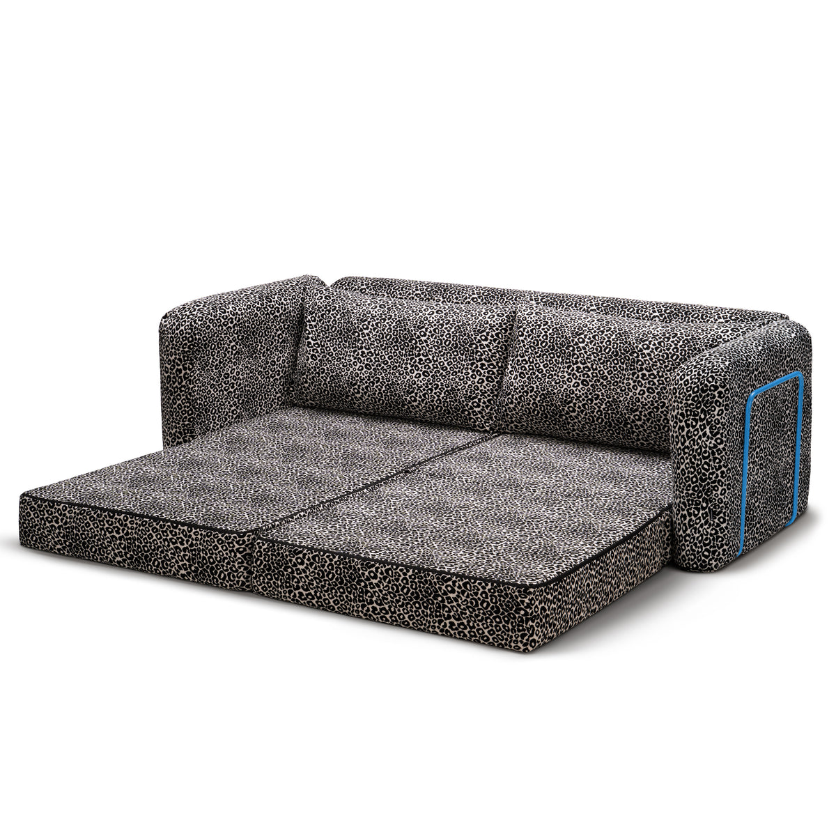 Flowy Leopard Schlafsofa mit grauem Leopardenmuster und himmelblauem Metallgestell, ausgeklappt zu einem 200 × 170 cm großen Doppelbett
