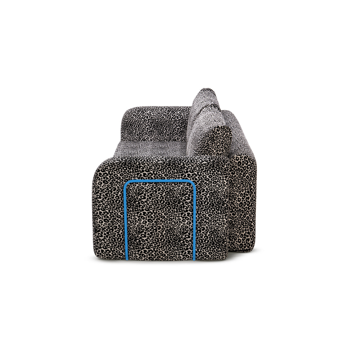 Flowy Leopard Schlafsofa mit grauem Leopardenmuster und himmelblauem Metallgestell, Seitenansicht