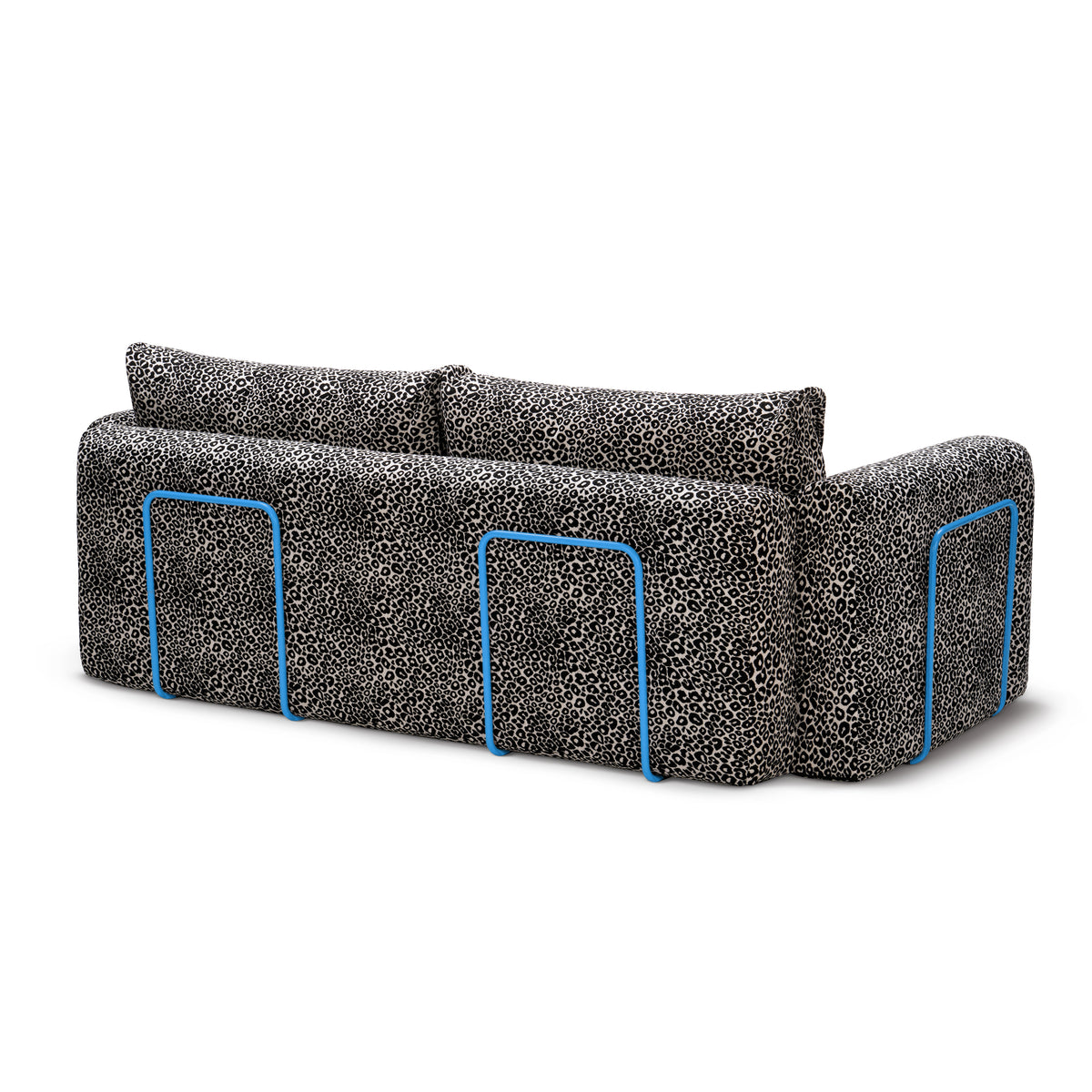 Flowy Leopard Schlafsofa mit grauem Leopardenmuster und himmelblauem Metallgestell, Rückansicht