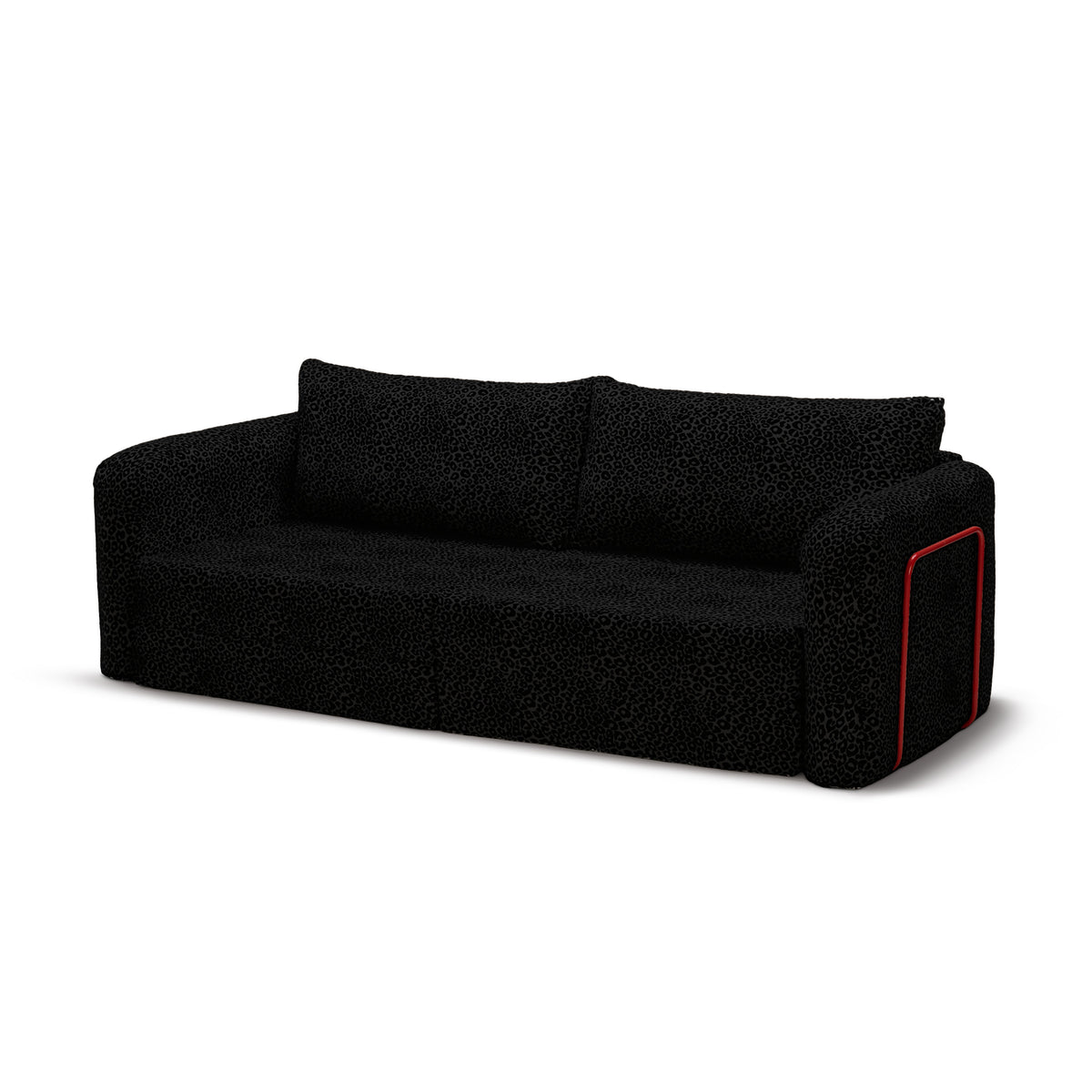 Flowy Leopard Schlafsofa in Onyx Panther (WILD 218) mit rotem Metallgestell