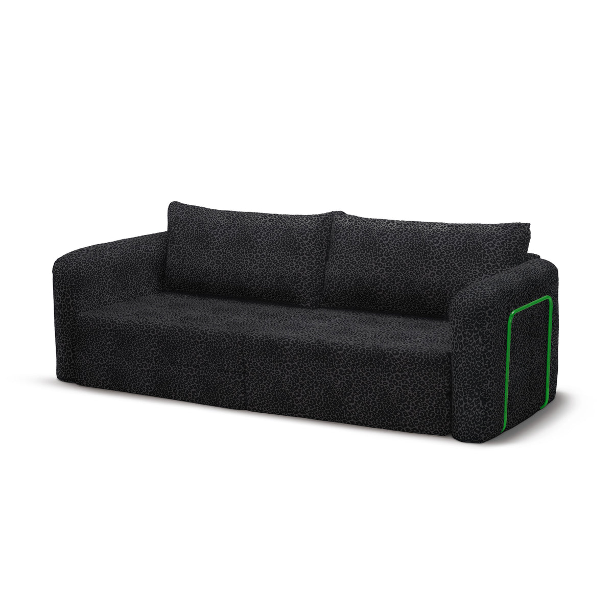 Flowy Leopard Schlafsofa in Shadow Panther (WILD 216) mit grünem Metallgestell