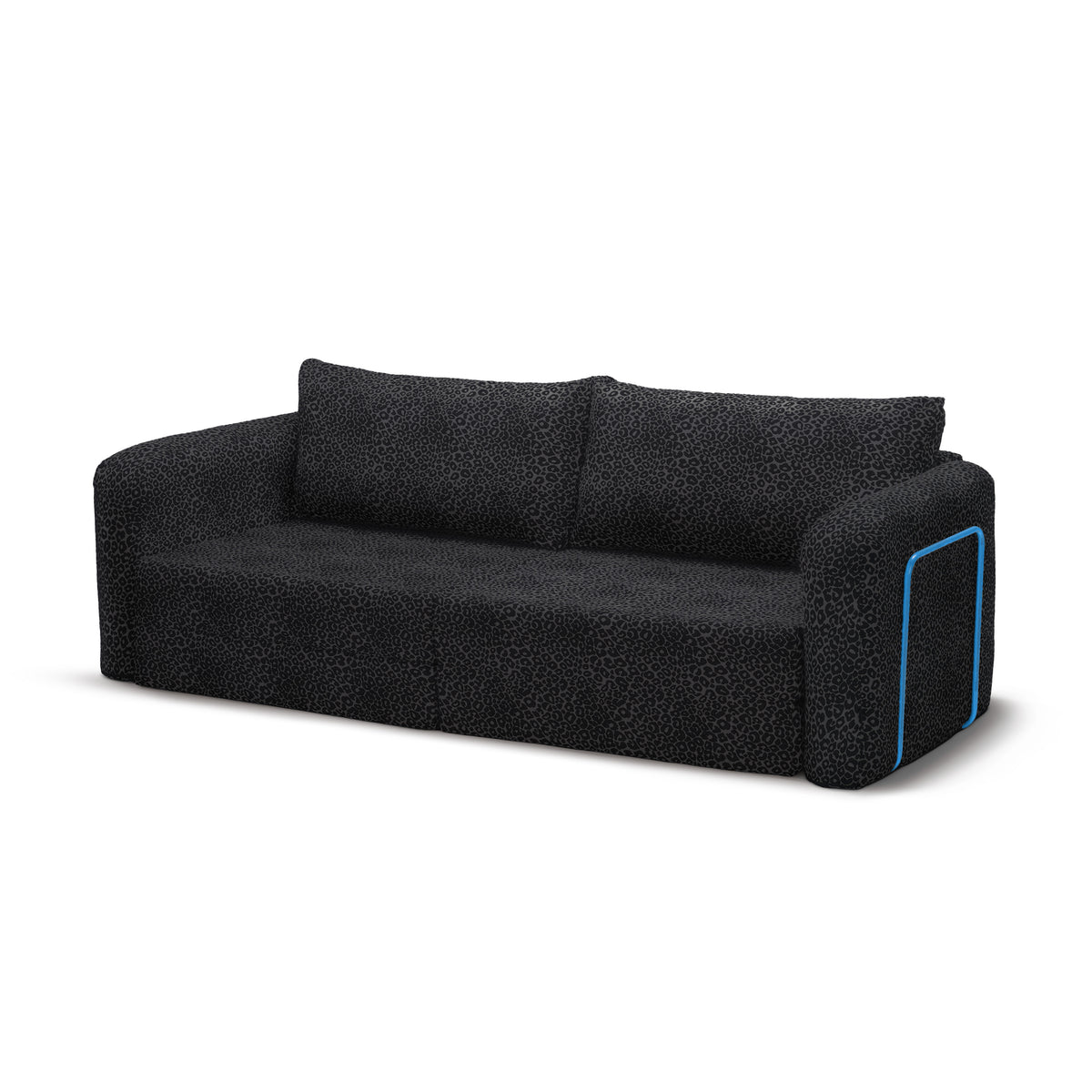 Flowy Leopard Schlafsofa in Shadow Panther (WILD 216) mit himmelblauem Metallgestell