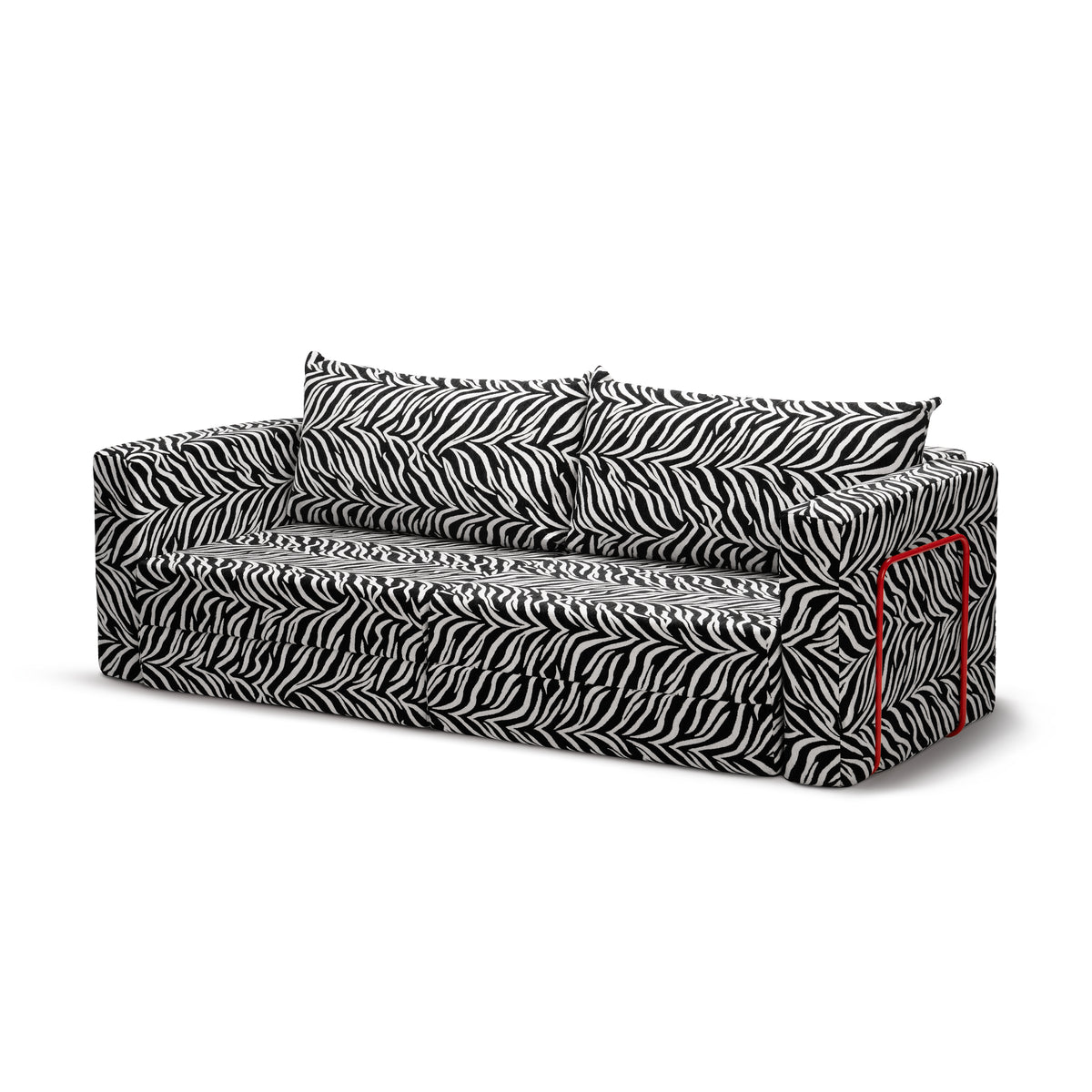 Flow Zebra sovesofa i sort-hvidt zebramønster med rødt metalstel, set skråt forfra