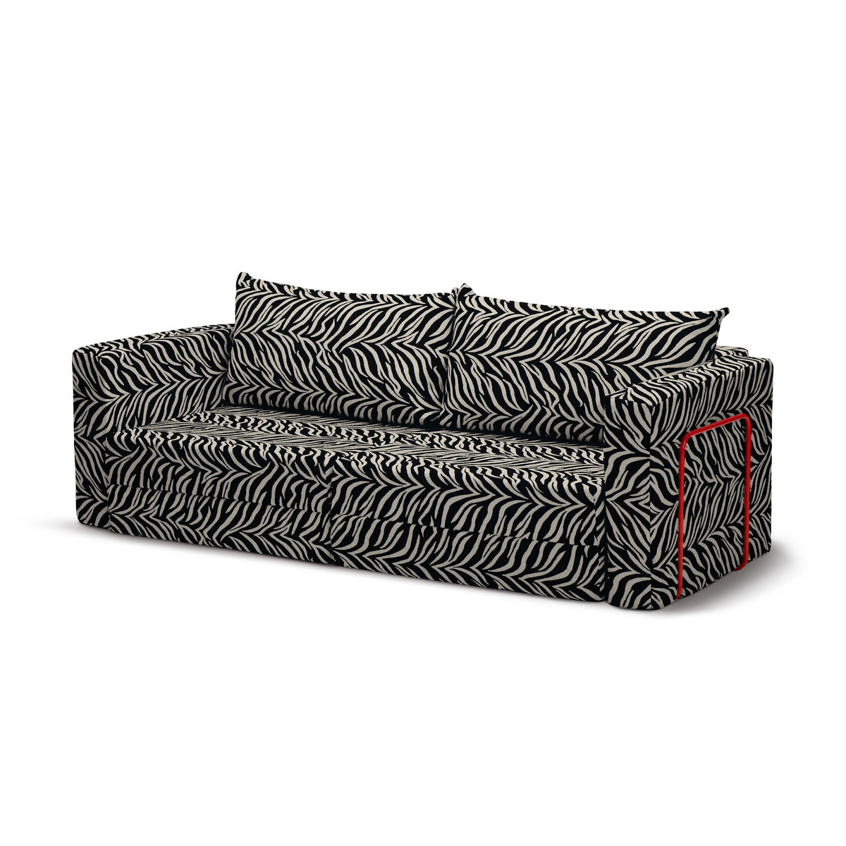 Flow Zebra sovesofa i Smoke Zebra (ZEBRA 35) med rødt metalstel