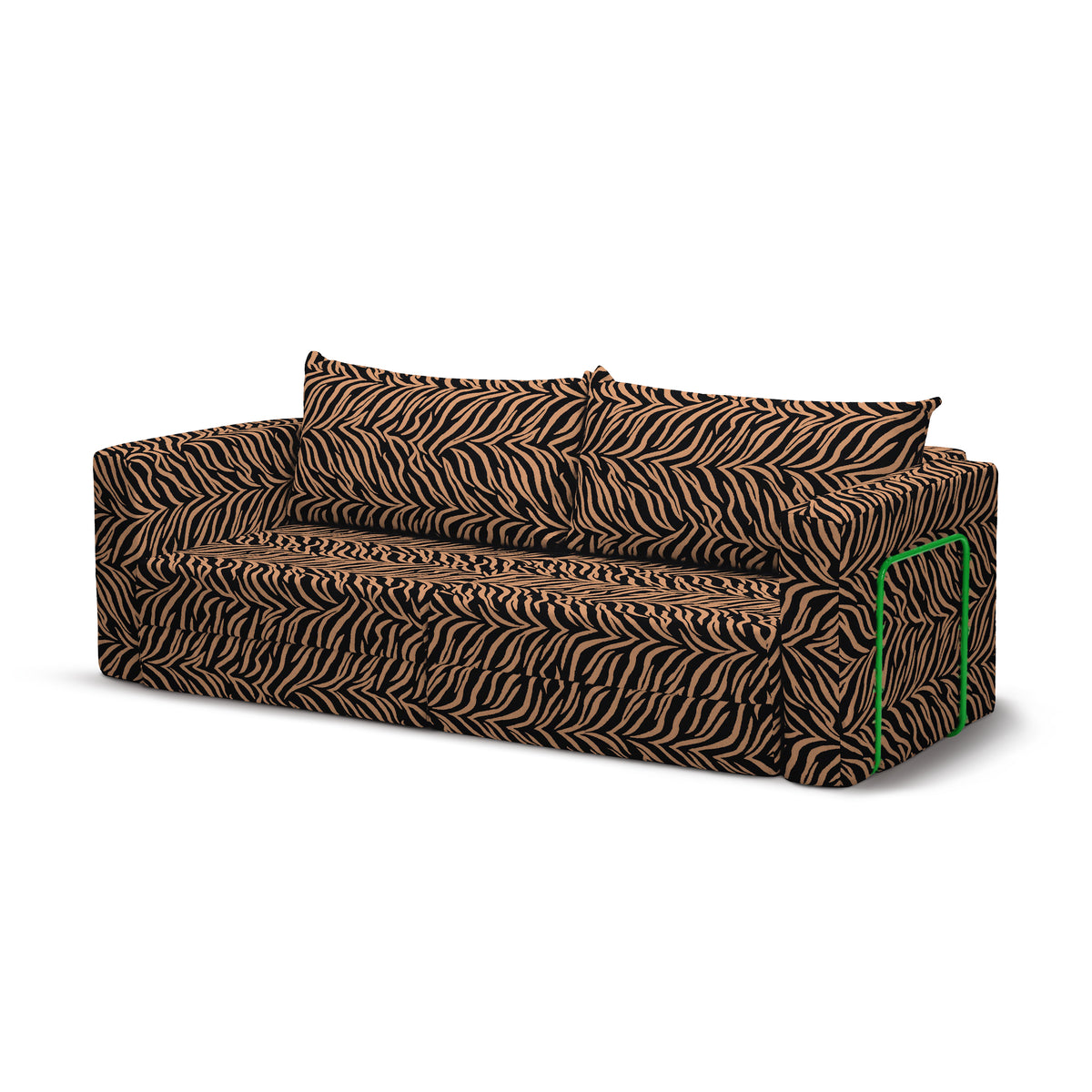 Flow Zebra sovesofa i Rust Zebra (ZEBRA 42) med grønt metalstel