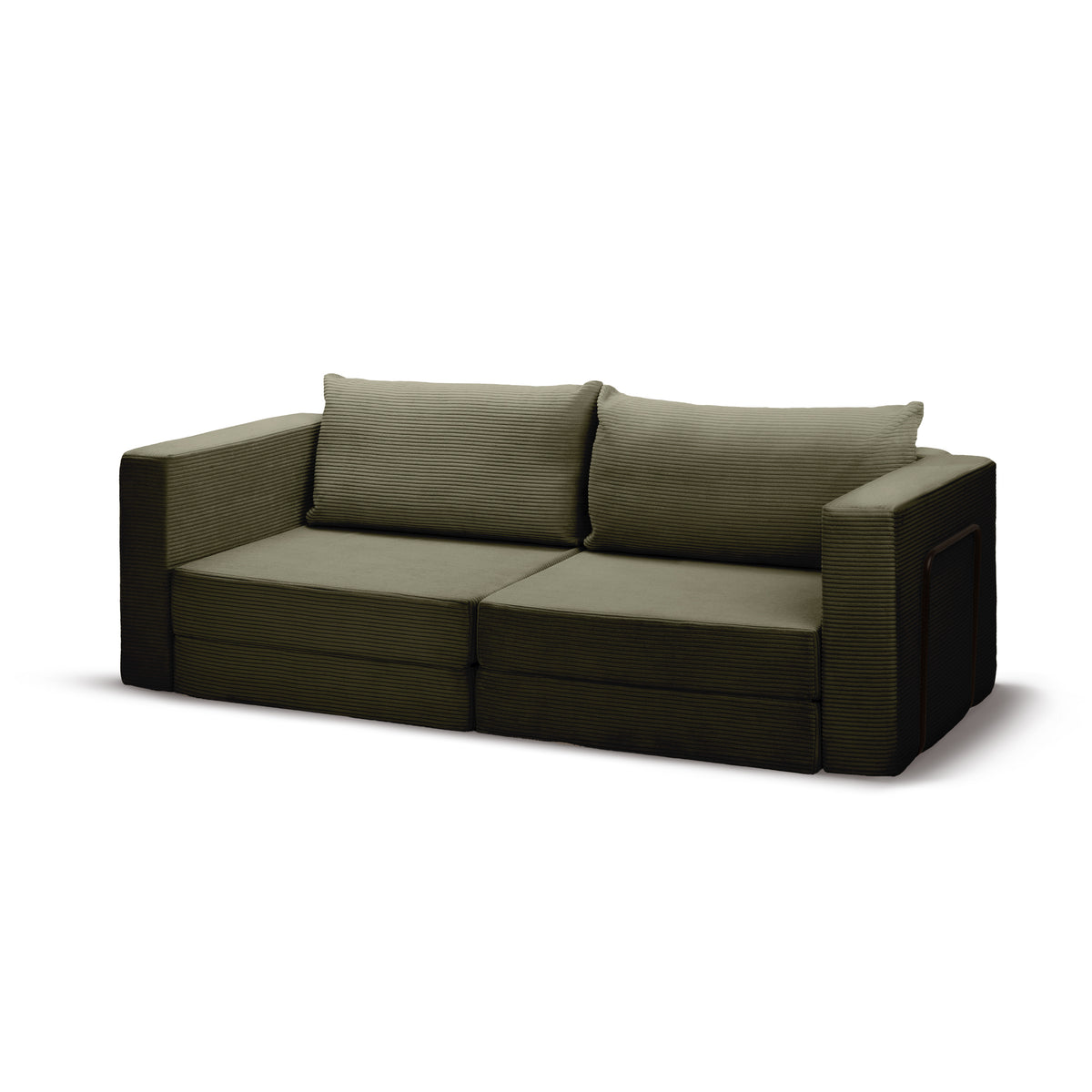 Flow sofa bed in olive green GROSSO corduroy, front view