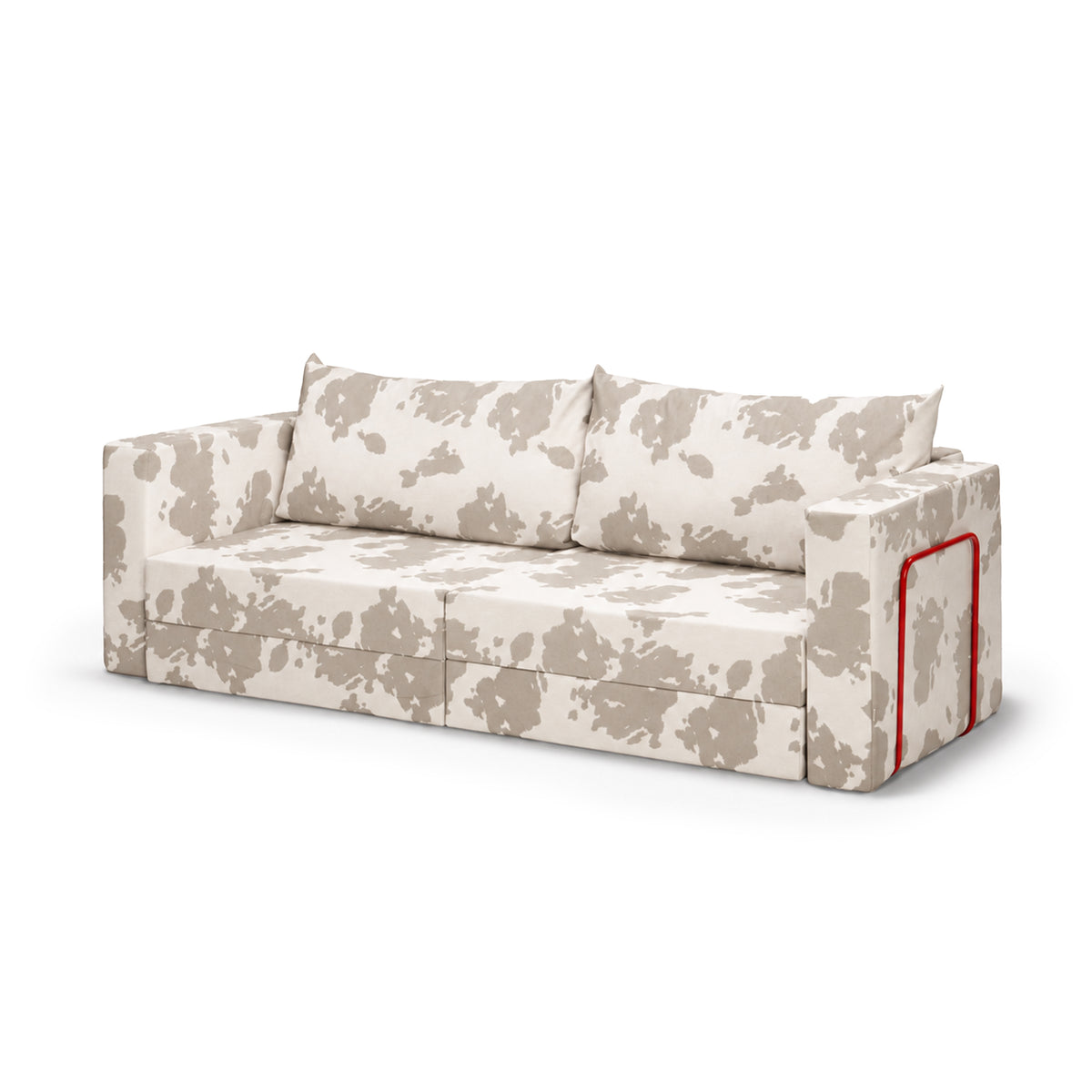 Flow Cow sofa bed in Stone Hide (MOO 27) with a red metal frame