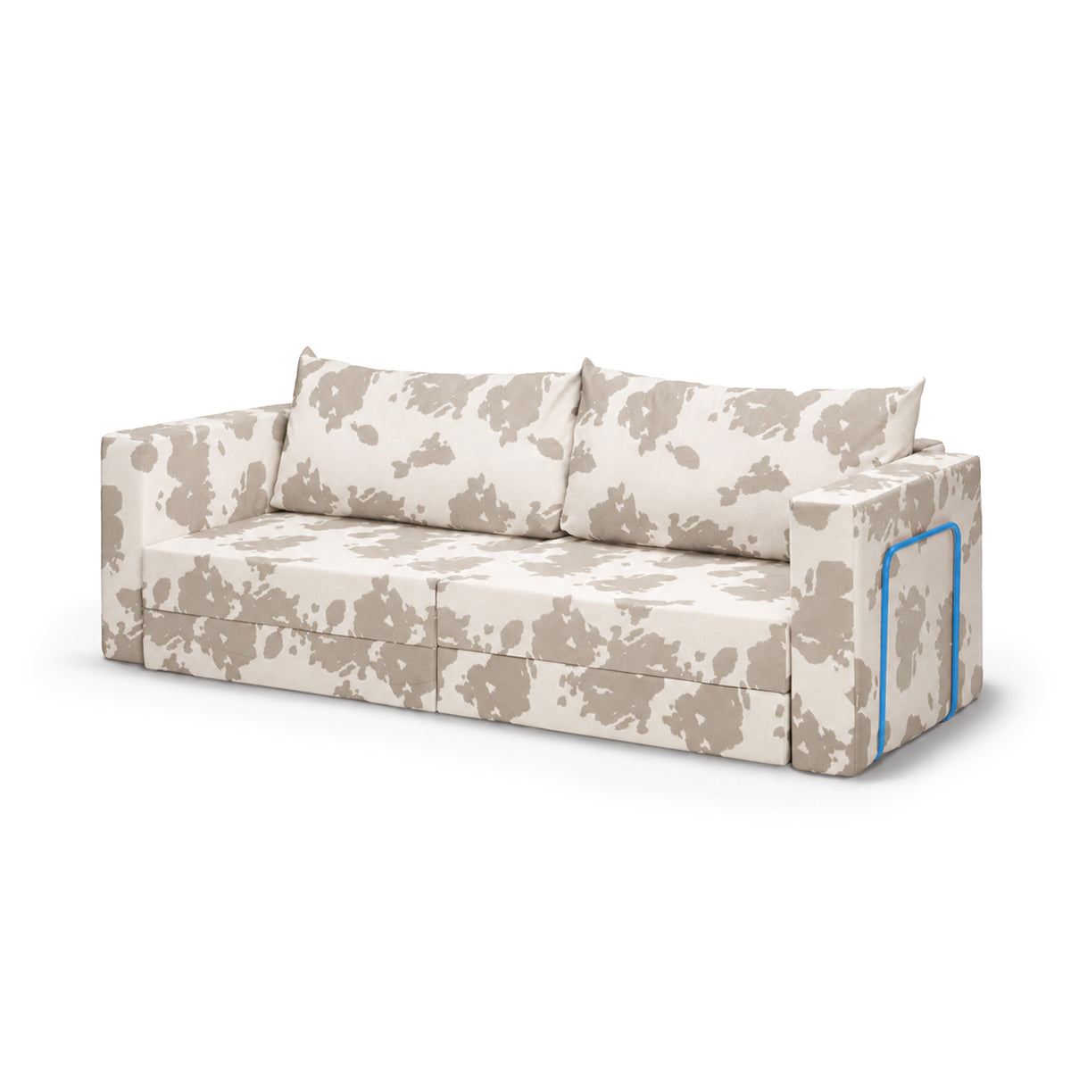 Flow Cow sofa bed in Stone Hide (MOO 27) with a sky blue metal frame