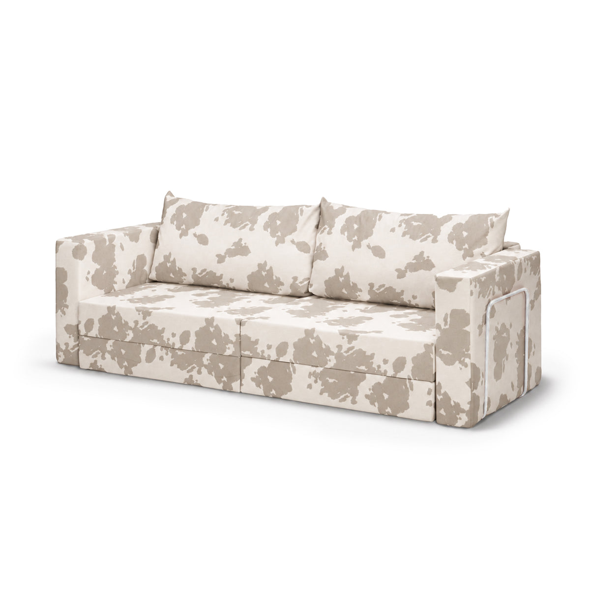 Flow Cow sofa bed in Stone Hide (MOO 27) with a white metal frame