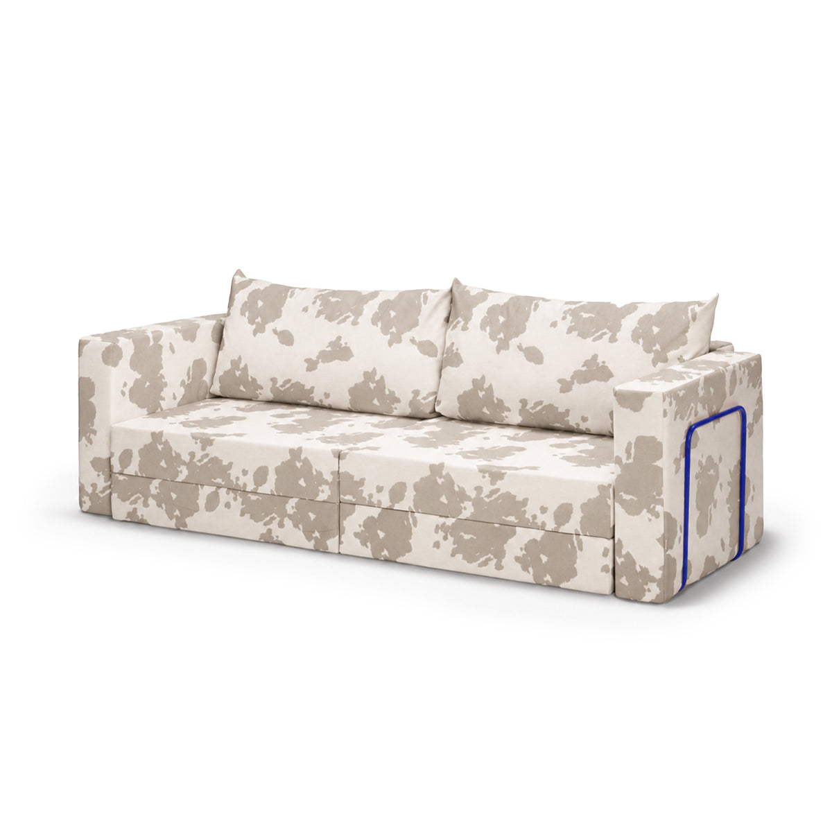 Flow Cow sofa bed in Stone Hide (MOO 27) with a navy blue metal frame