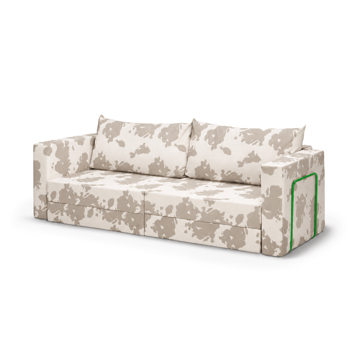 Flow Cow sofa bed in Stone Hide (MOO 27) with a green metal frame