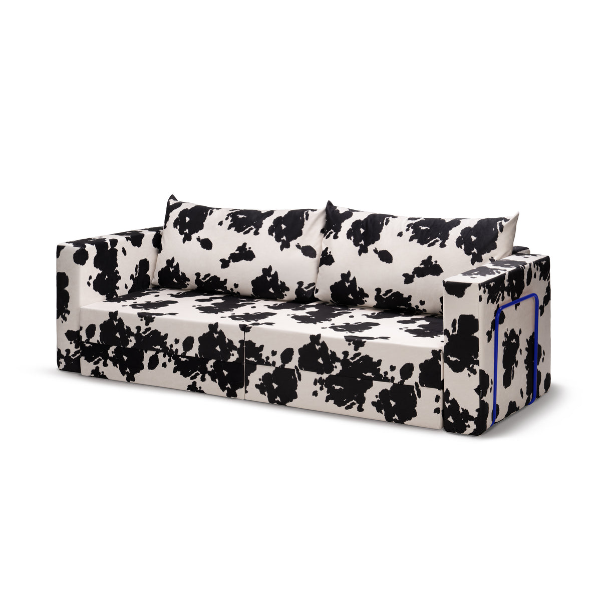 Flow Cow sofa bed in Onyx Hide (MOO 19) with a navy blue metal frame