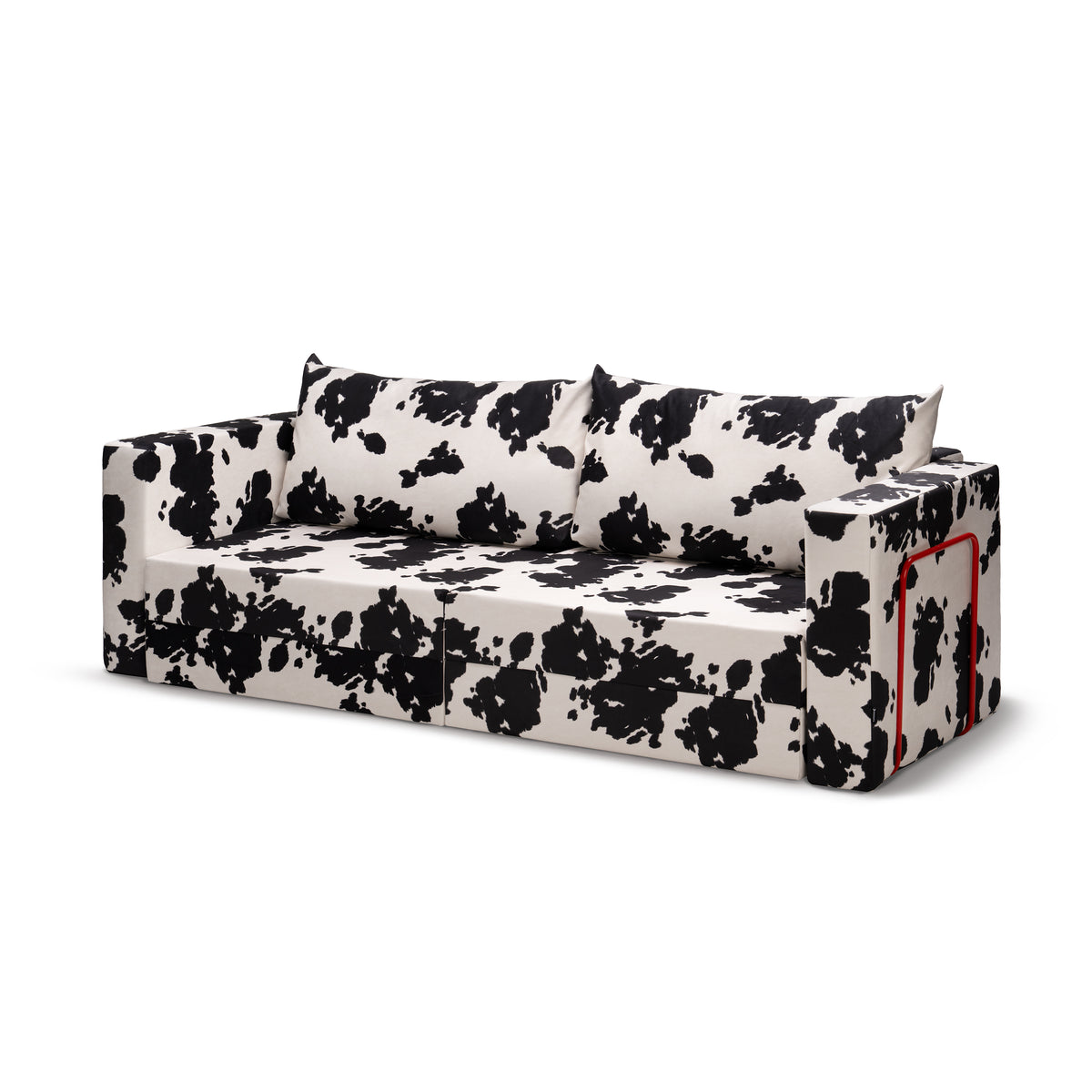 Flow Cow sofa bed in Onyx Hide (MOO 19) with a red metal frame