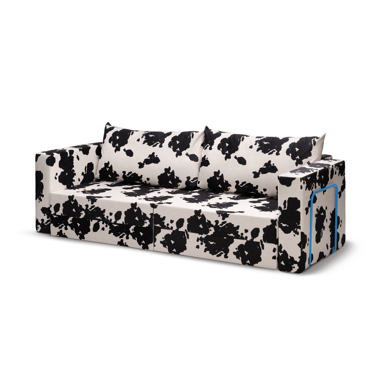 Flow Cow sofa bed in Onyx Hide (MOO 19) with a sky blue metal frame