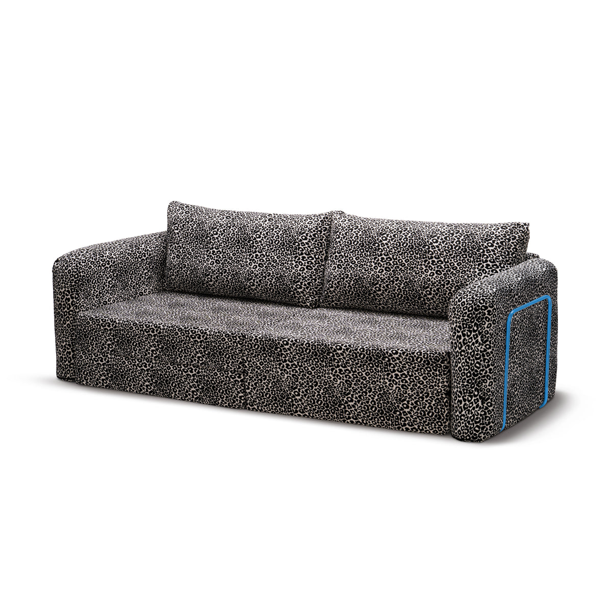Flowy Leopard Schlafsofa in Smoke Leopard (WILD 219) mit himmelblauem Metallgestell