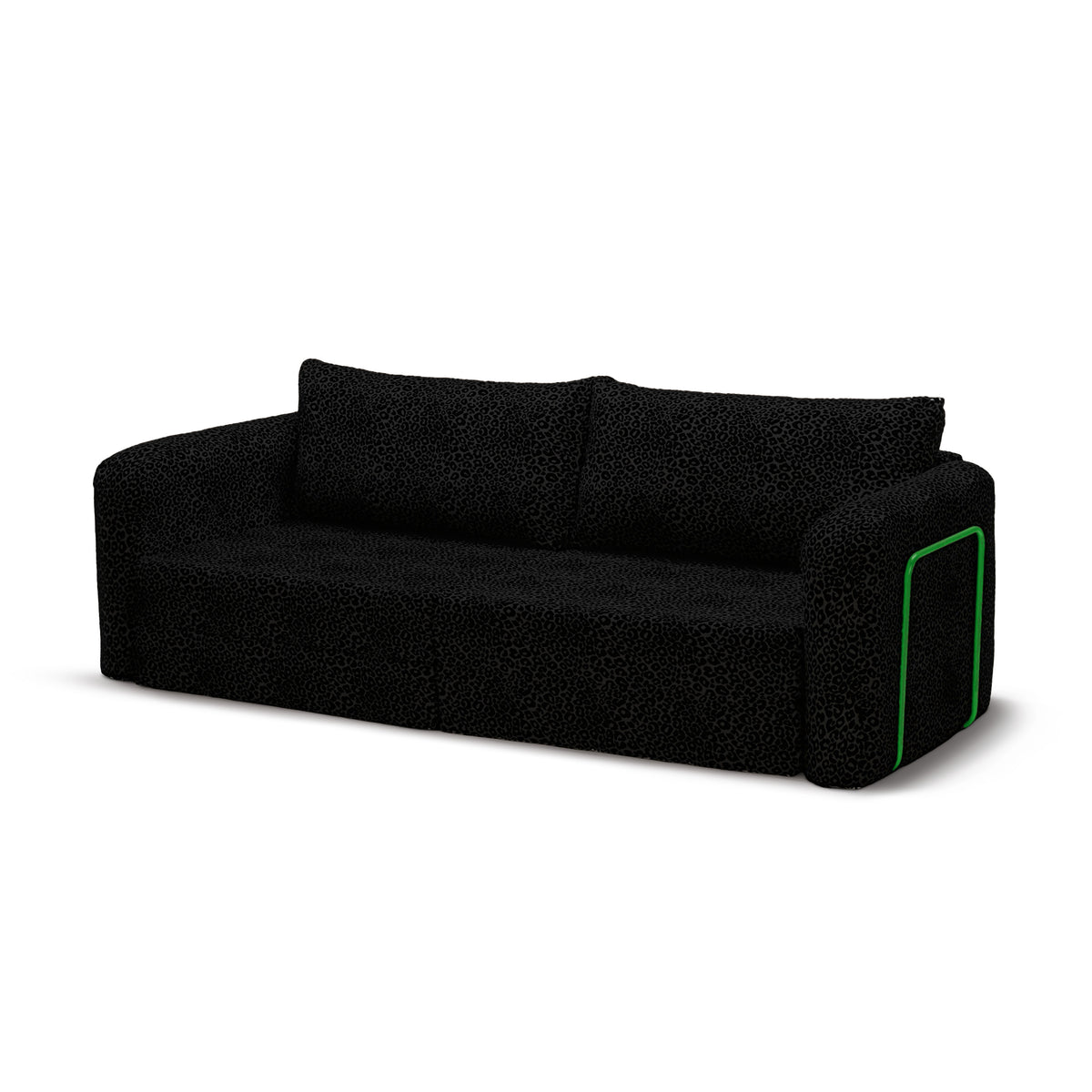 Flowy Leopard Schlafsofa in Onyx Panther (WILD 218) mit grünem Metallgestell
