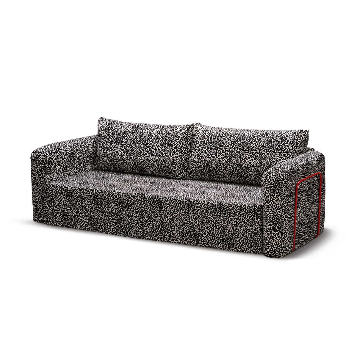 Flowy Leopard Schlafsofa in Smoke Leopard (WILD 219) mit rotem Metallgestell