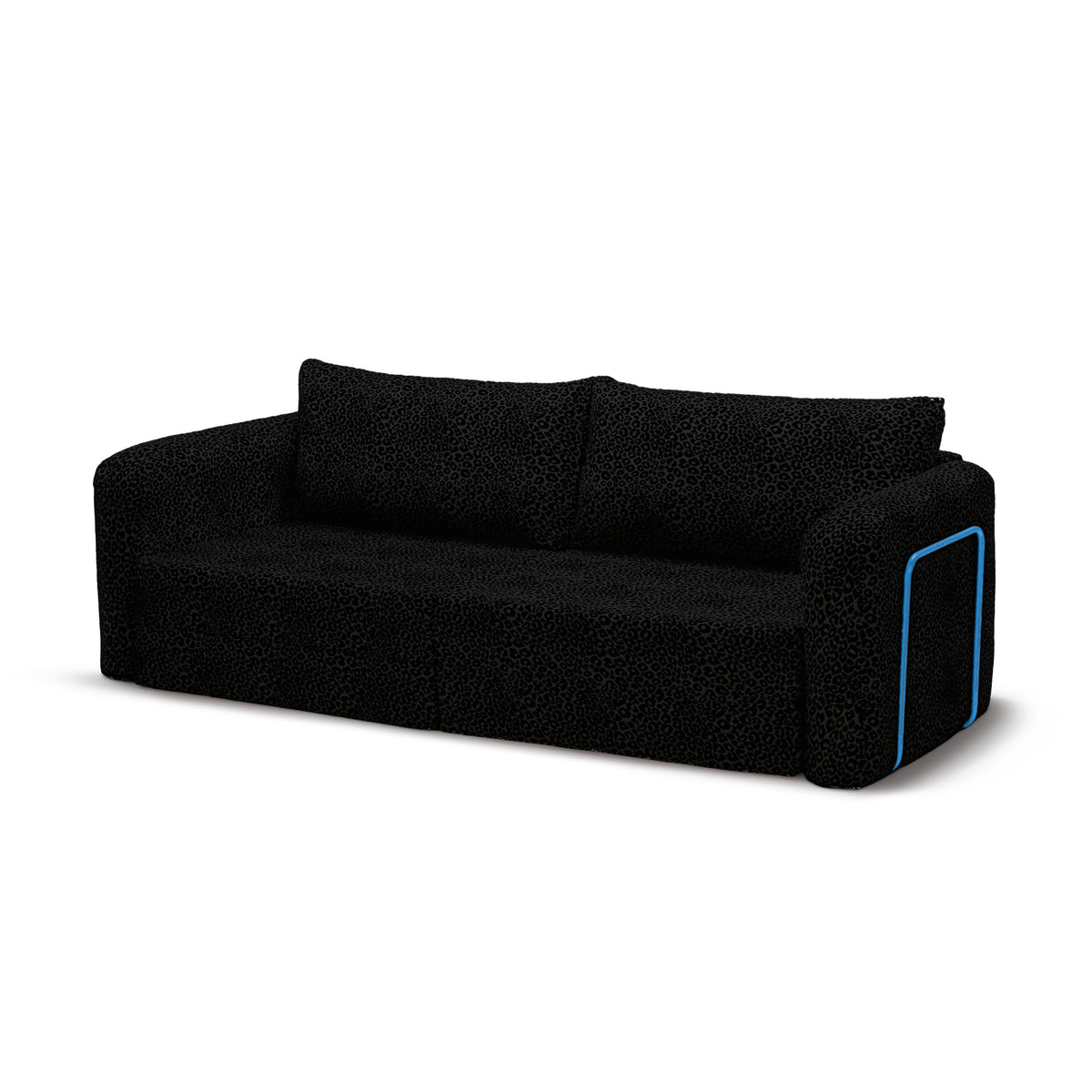 Flowy Leopard Schlafsofa in Onyx Panther (WILD 218) mit himmelblauem Metallgestell