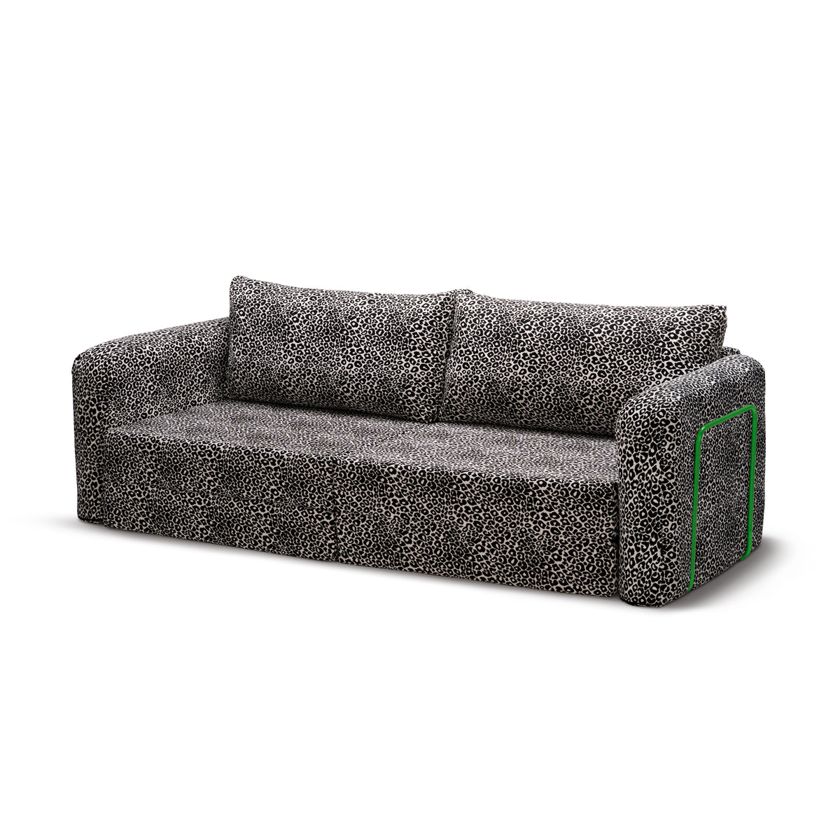 Flowy Leopard Schlafsofa in Smoke Leopard (WILD 219) mit grünem Metallgestell