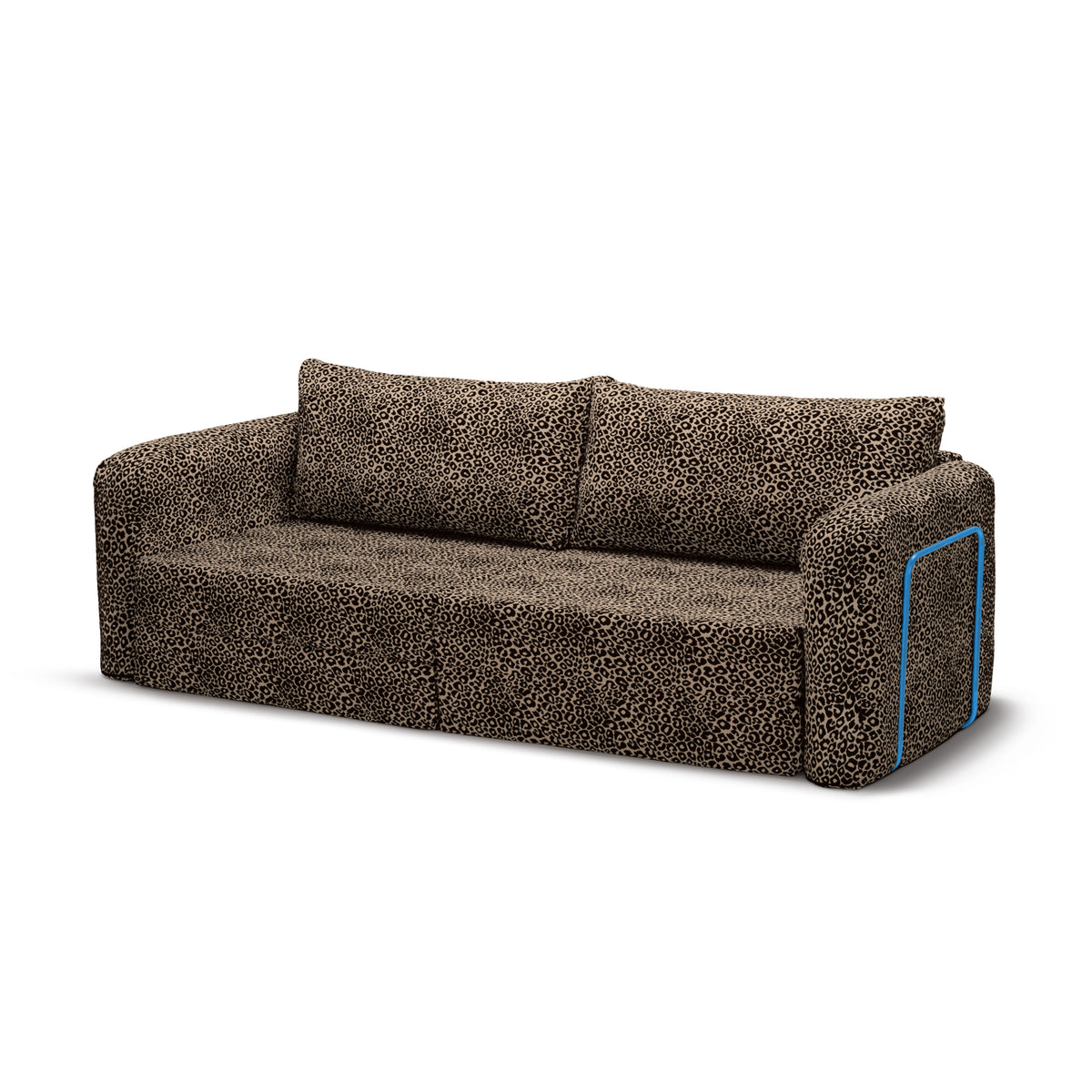 Flowy Leopard Schlafsofa in Umber Safari (WILD 235) mit himmelblauem Metallgestell