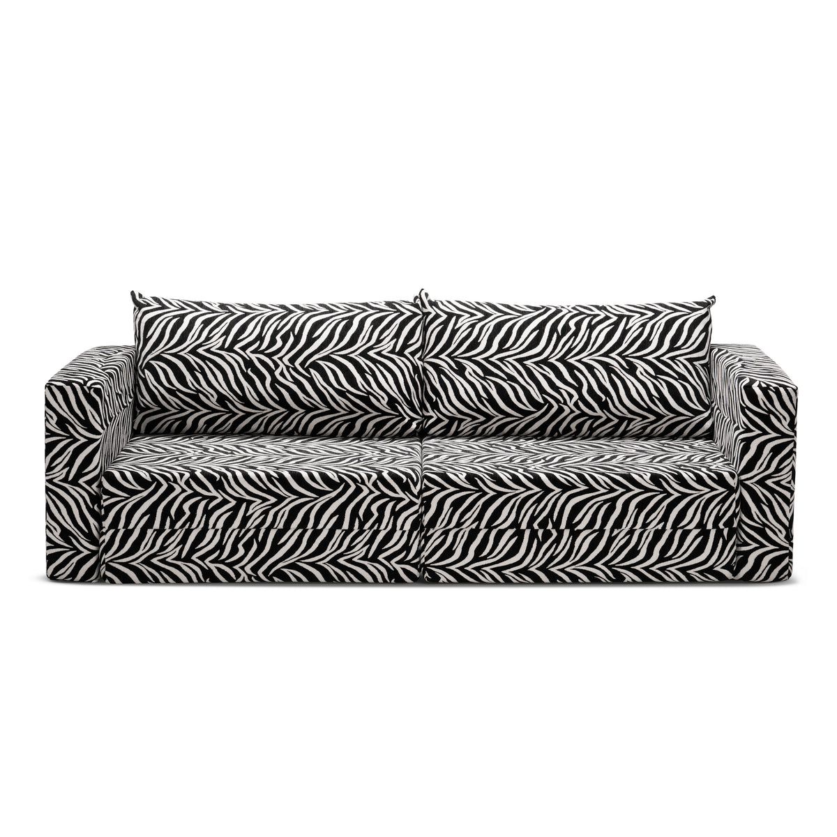 Flow Zebra sovesofa i sort-hvidt zebramønster med rødt metalstel, set forfra