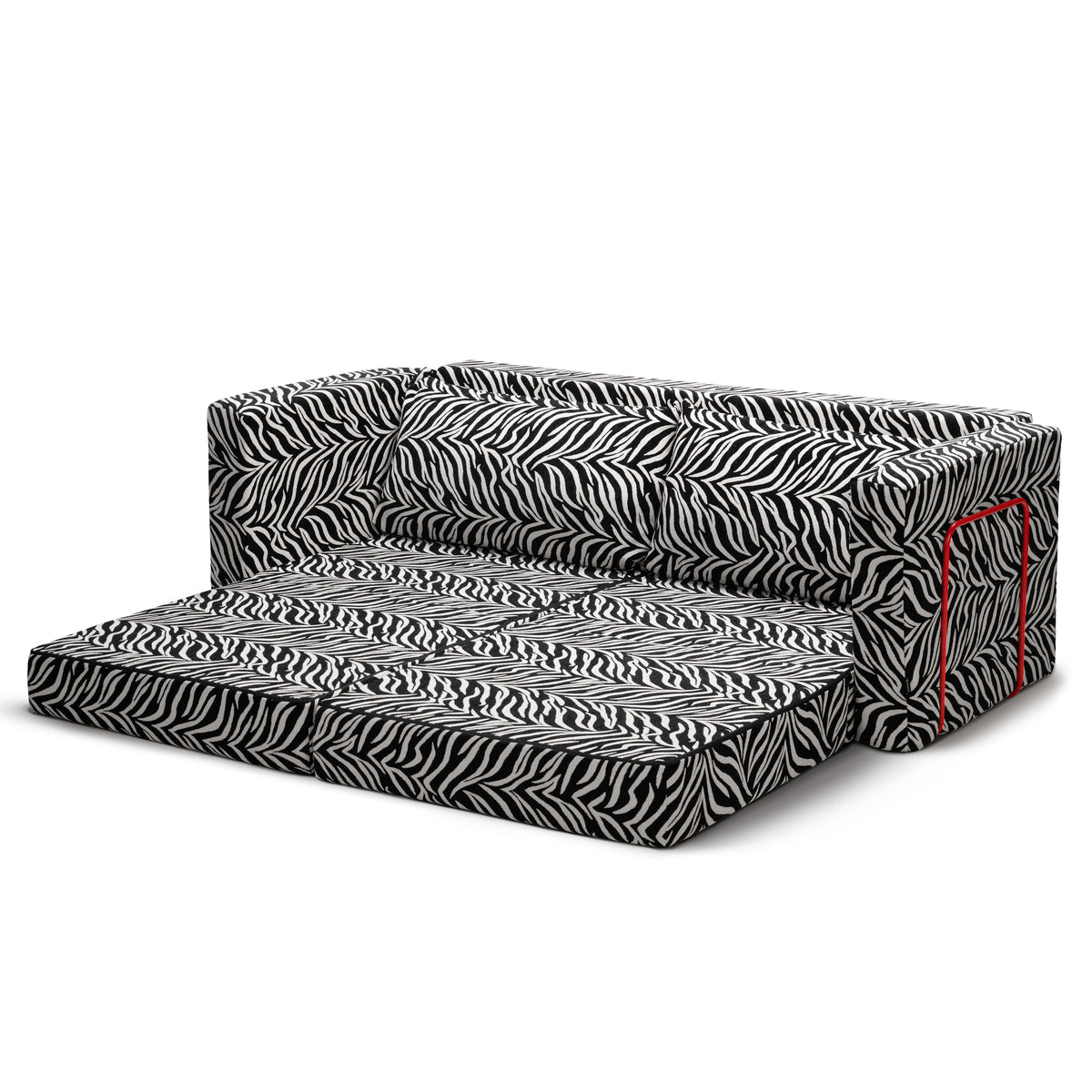 Flow Zebra sovesofa i sort-hvidt zebramønster med rødt metalstel, foldet ud til en dobbeltseng på 200 × 170 cm