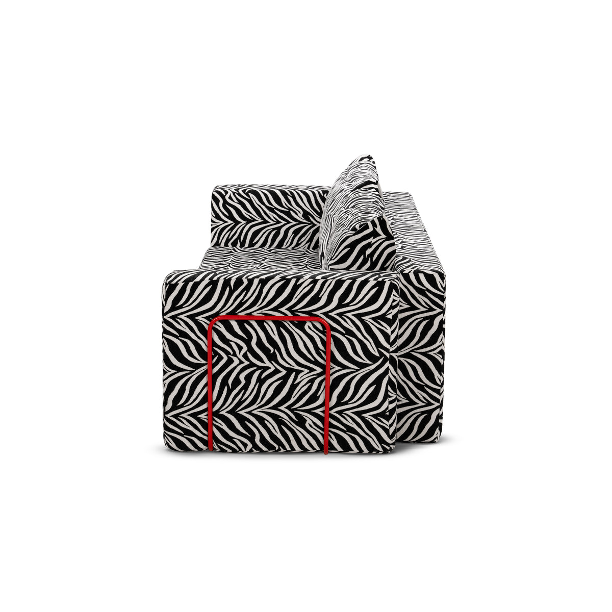 Flow Zebra sovesofa i sort-hvidt zebramønster med rødt metalstel, set fra siden