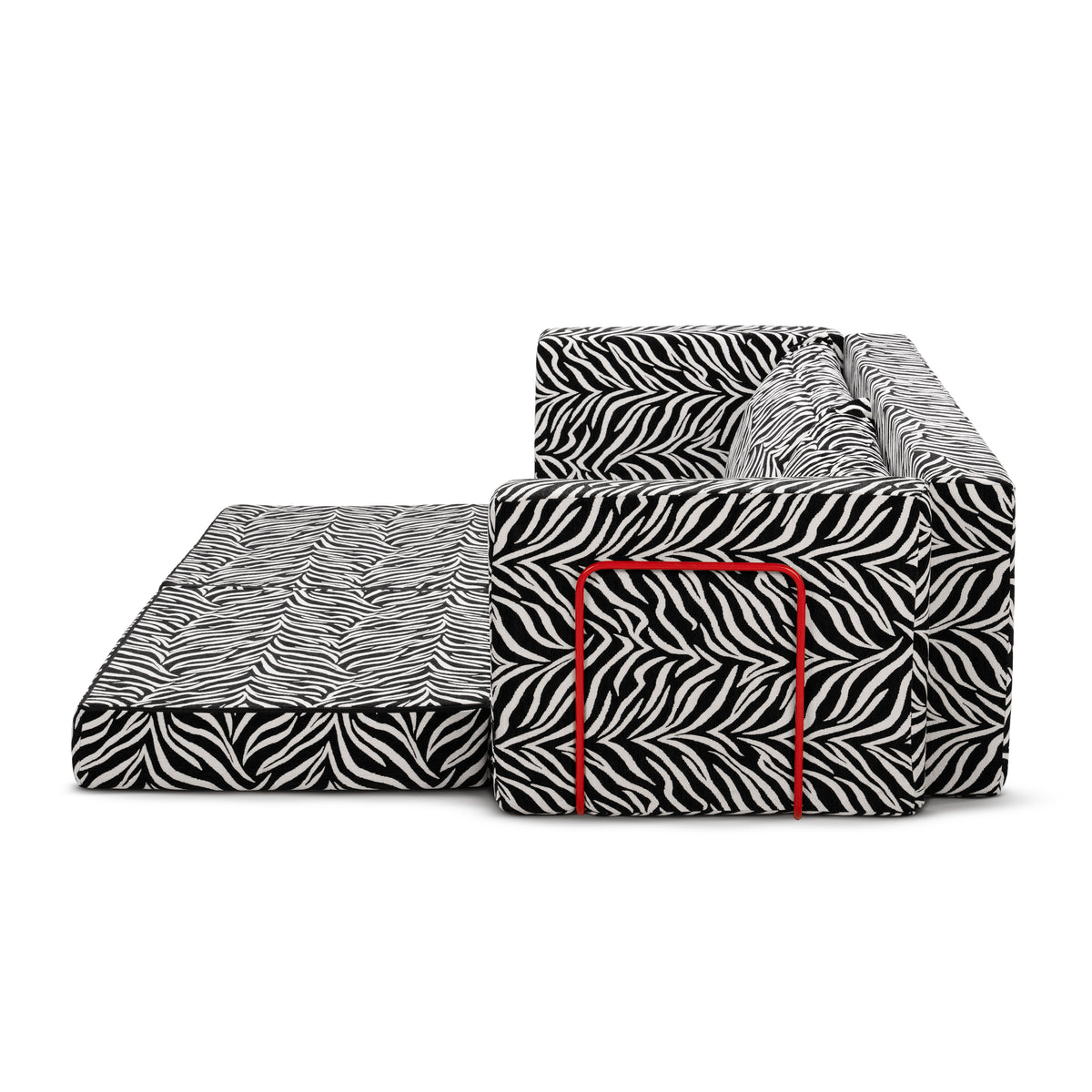 Flow Zebra sovesofa i sort-hvidt zebramønster med rødt metalstel, med én madras foldet ud til en enkeltseng på 100 × 170 cm