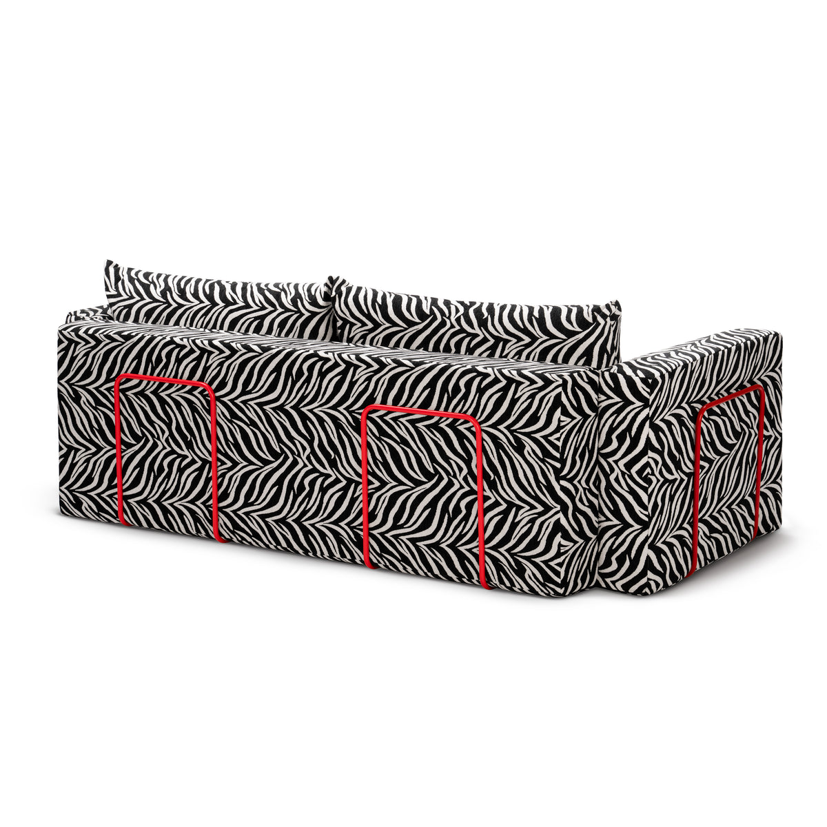 Flow Zebra sovesofa i sort-hvidt zebramønster med rødt metalstel, set bagfra