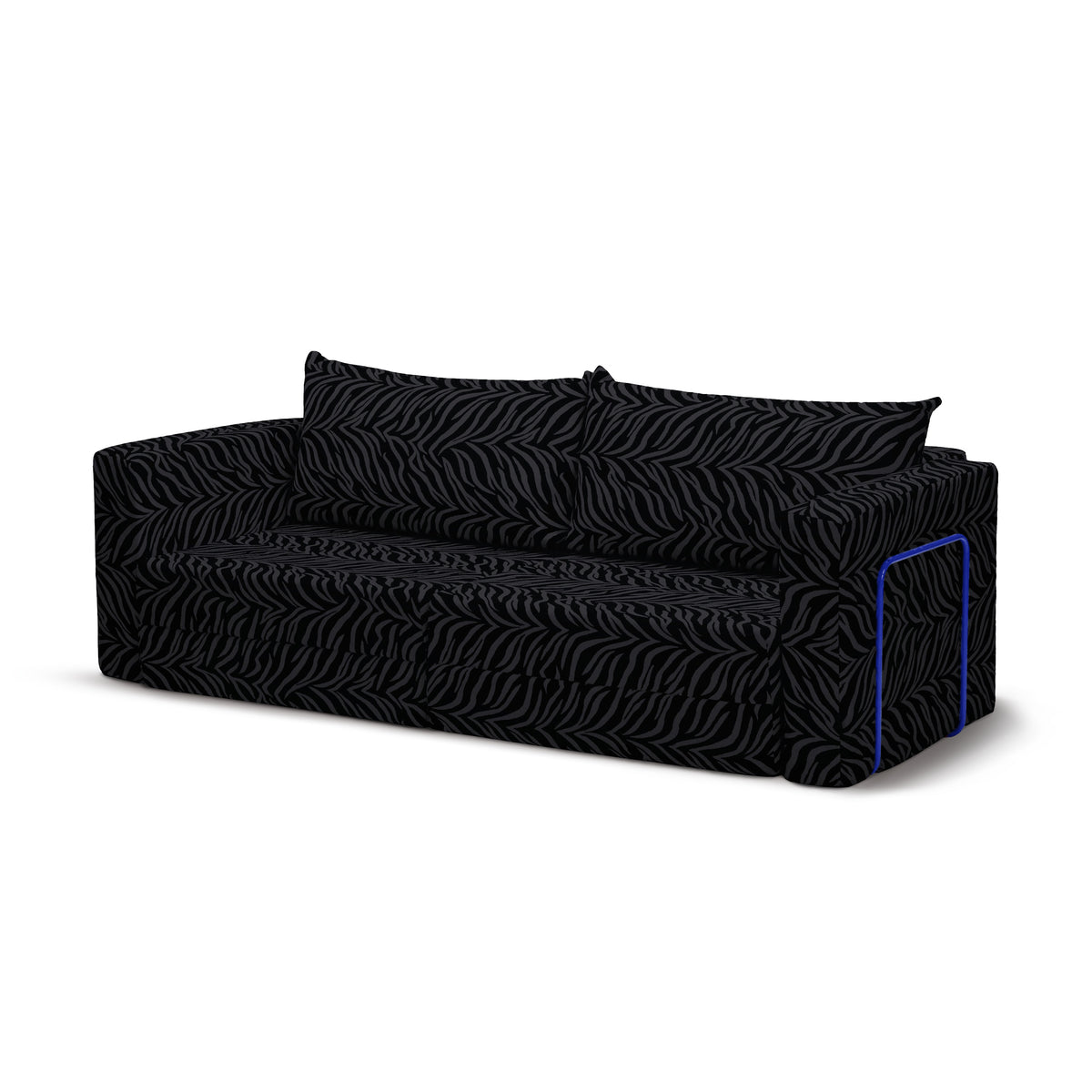 Flow Zebra sovesofa i Ebony Zebra (ZEBRA 16) med marineblåt metalstel