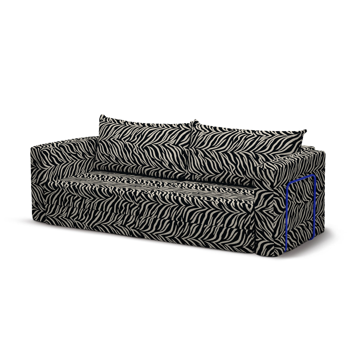 Flow Zebra sovesofa i Smoke Zebra (ZEBRA 35) med marineblåt metalstel