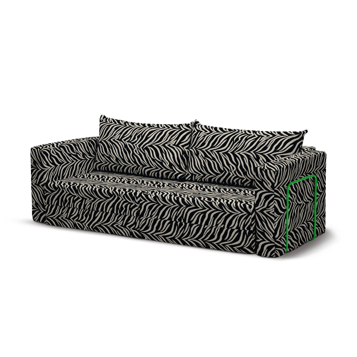 Flow Zebra sovesofa i Smoke Zebra (ZEBRA 35) med grønt metalstel
